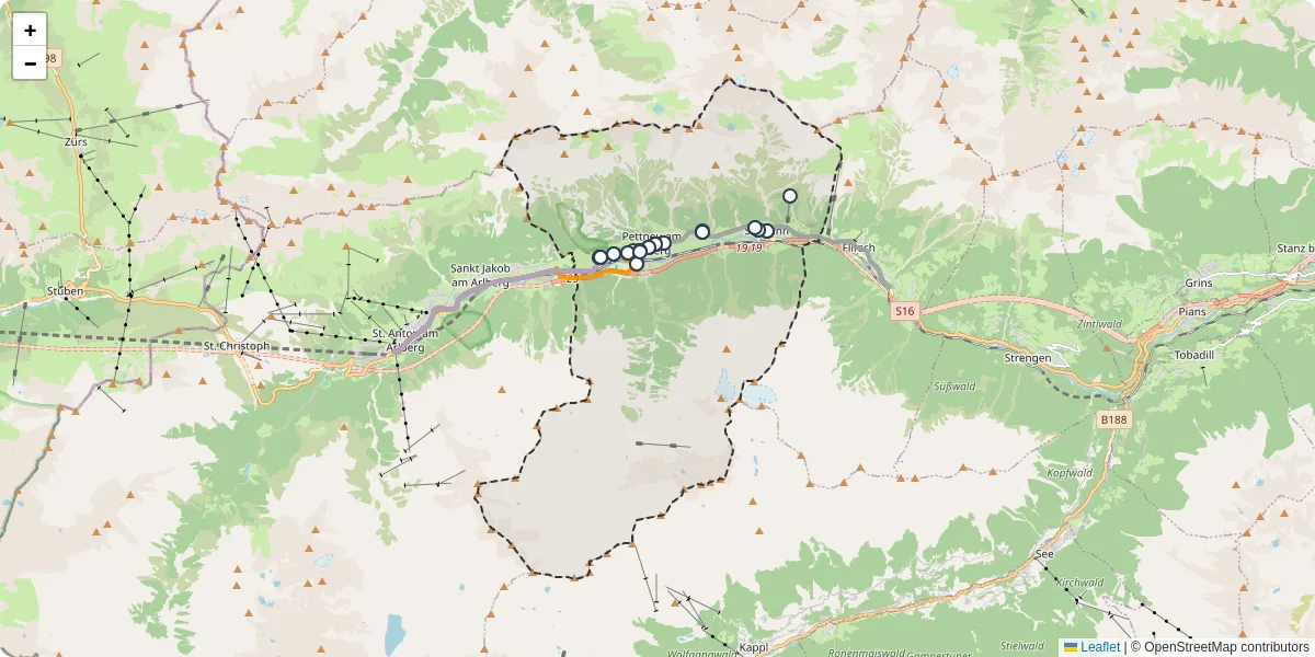 Nahverkehrsnetz in pettneu-am-arlberg, Österreich - Buslinien, Haltestellen und Verbindungen auf der Karte