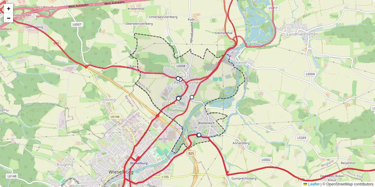 Nahverkehrsnetz in petzenkirchen, Österreich - Buslinien, Haltestellen und Verbindungen auf der Karte