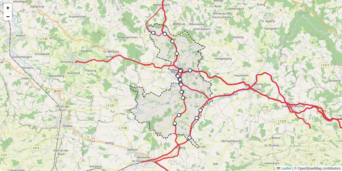 Nahverkehrsnetz in peuerbach, Österreich - Buslinien, Haltestellen und Verbindungen auf der Karte
