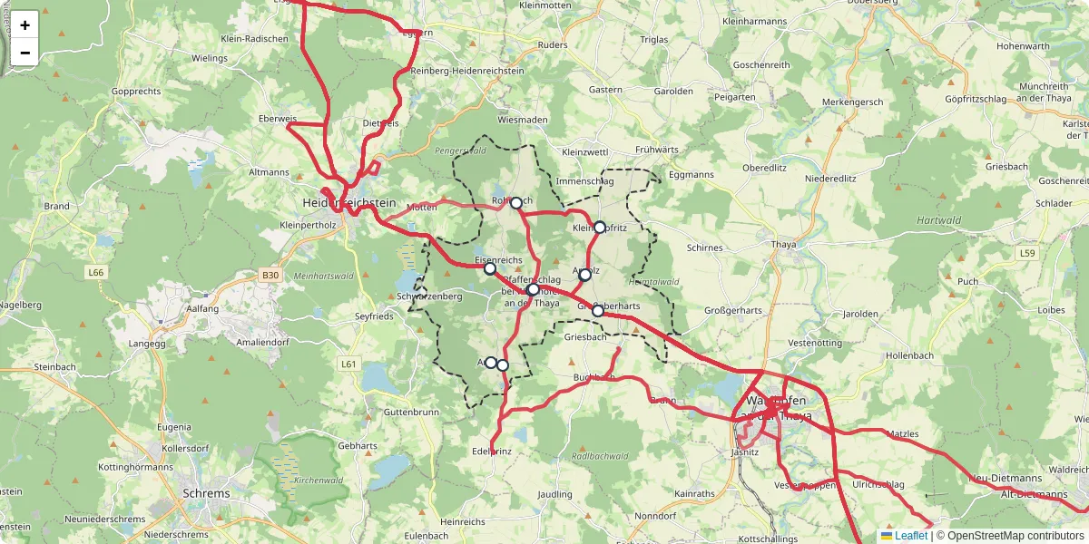 Nahverkehrsnetz in pfaffenschlag-bei-waidhofen-an-der-thaya, Österreich - Buslinien, Haltestellen und Verbindungen auf der Karte