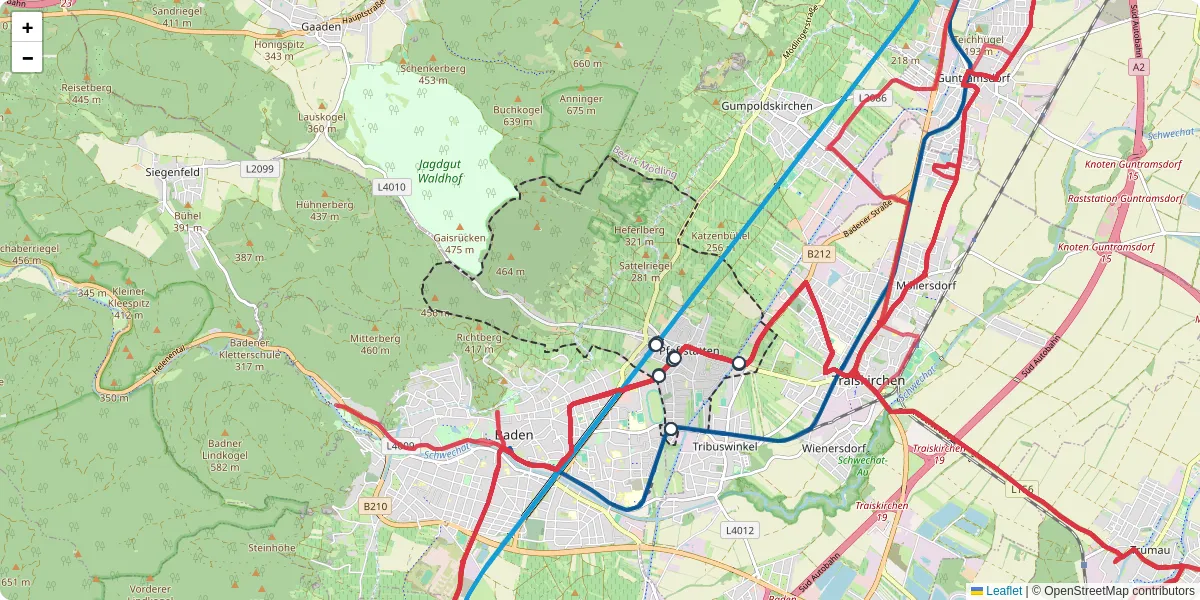 Nahverkehrsnetz in pfaffstatten, Österreich - Buslinien, Haltestellen und Verbindungen auf der Karte