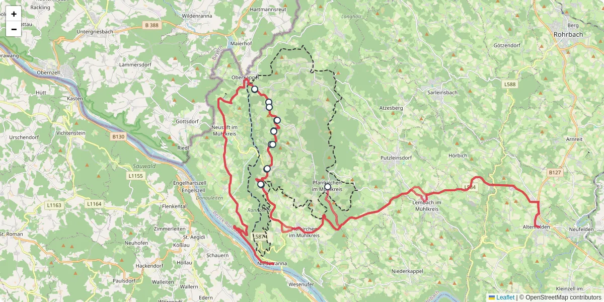 Nahverkehrsnetz in pfarrkirchen-im-muhlkreis, Österreich - Buslinien, Haltestellen und Verbindungen auf der Karte