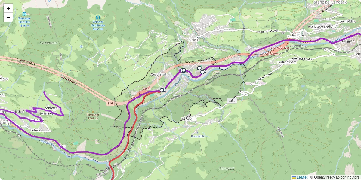 Nahverkehrsnetz in pians, Österreich - Buslinien, Haltestellen und Verbindungen auf der Karte
