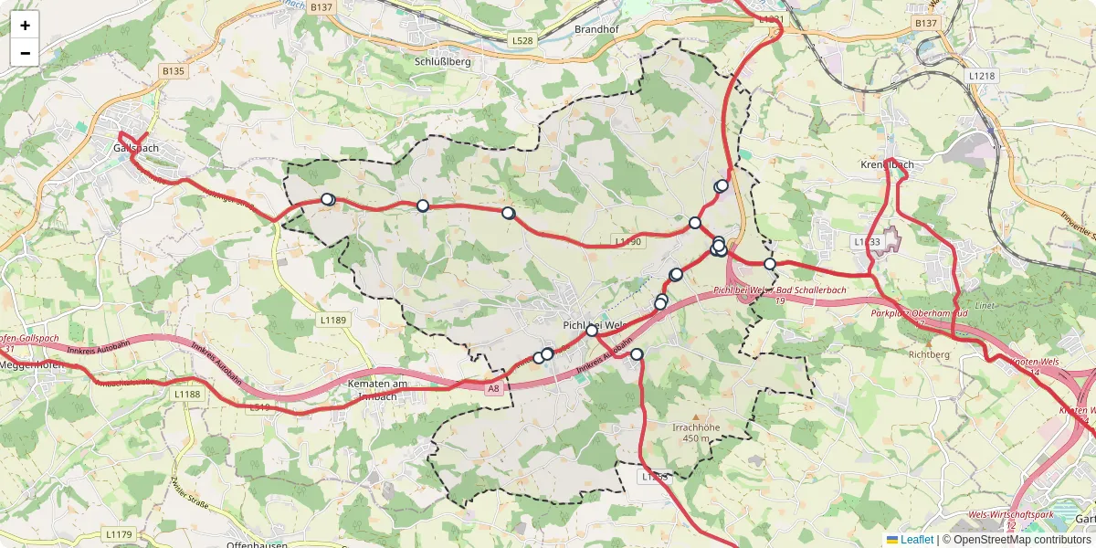 Nahverkehrsnetz in pichl-bei-wels, Österreich - Buslinien, Haltestellen und Verbindungen auf der Karte