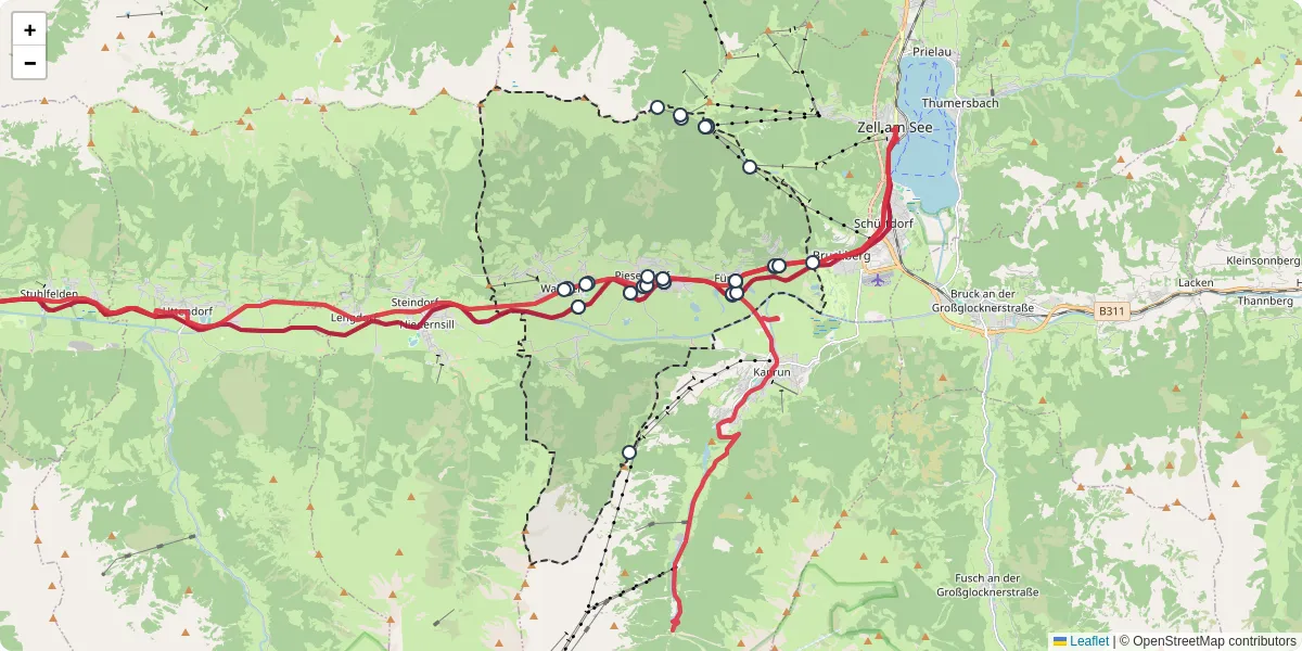 Nahverkehrsnetz in piesendorf, Österreich - Buslinien, Haltestellen und Verbindungen auf der Karte
