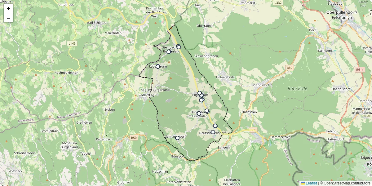 Nahverkehrsnetz in pilgersdorf, Österreich - Buslinien, Haltestellen und Verbindungen auf der Karte