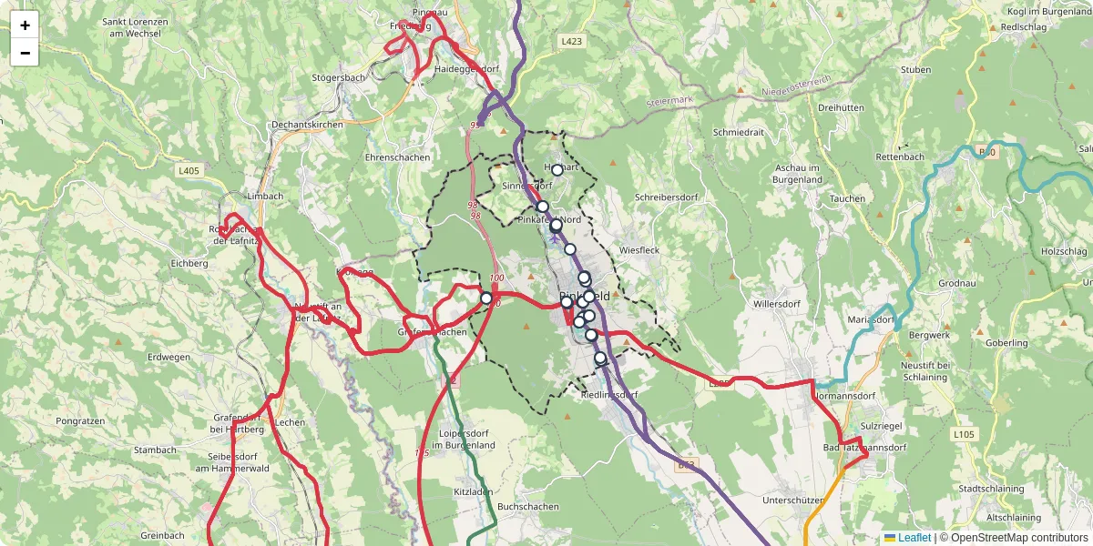 Nahverkehrsnetz in pinkafeld, Österreich - Buslinien, Haltestellen und Verbindungen auf der Karte