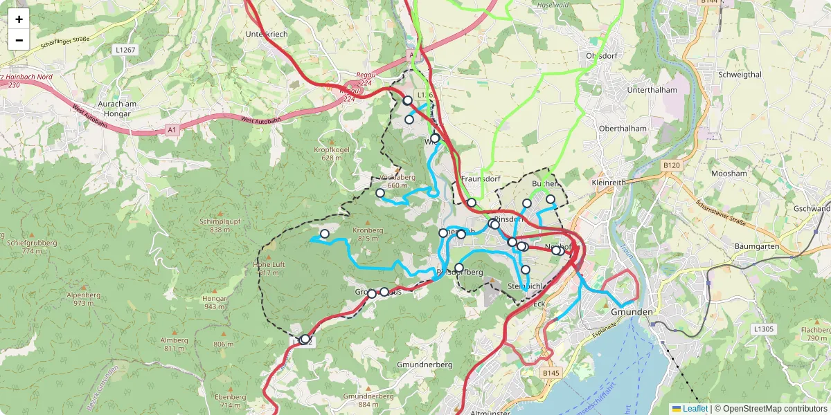 Nahverkehrsnetz in pinsdorf, Österreich - Buslinien, Haltestellen und Verbindungen auf der Karte