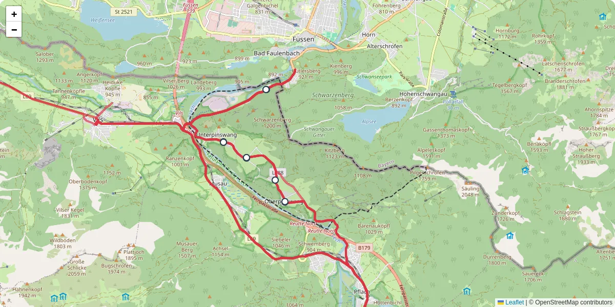 Nahverkehrsnetz in pinswang, Österreich - Buslinien, Haltestellen und Verbindungen auf der Karte
