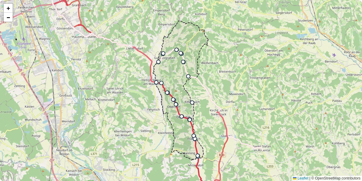Nahverkehrsnetz in pirching-am-traubenberg, Österreich - Buslinien, Haltestellen und Verbindungen auf der Karte