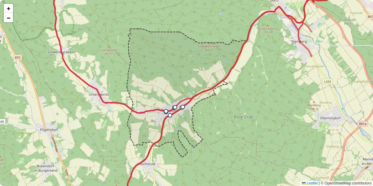 Nahverkehrsnetz in piringsdorf, Österreich - Buslinien, Haltestellen und Verbindungen auf der Karte