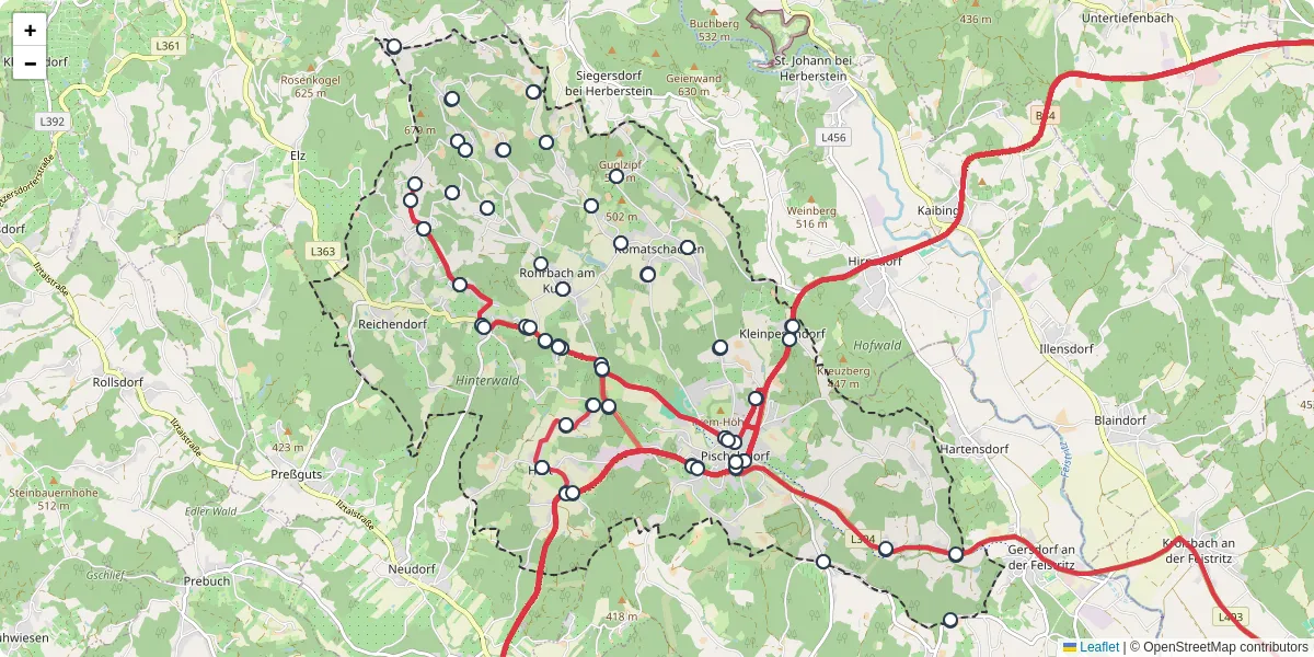 Nahverkehrsnetz in pischelsdorf-am-kulm, Österreich - Buslinien, Haltestellen und Verbindungen auf der Karte