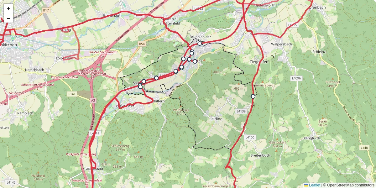 Nahverkehrsnetz in pitten, Österreich - Buslinien, Haltestellen und Verbindungen auf der Karte