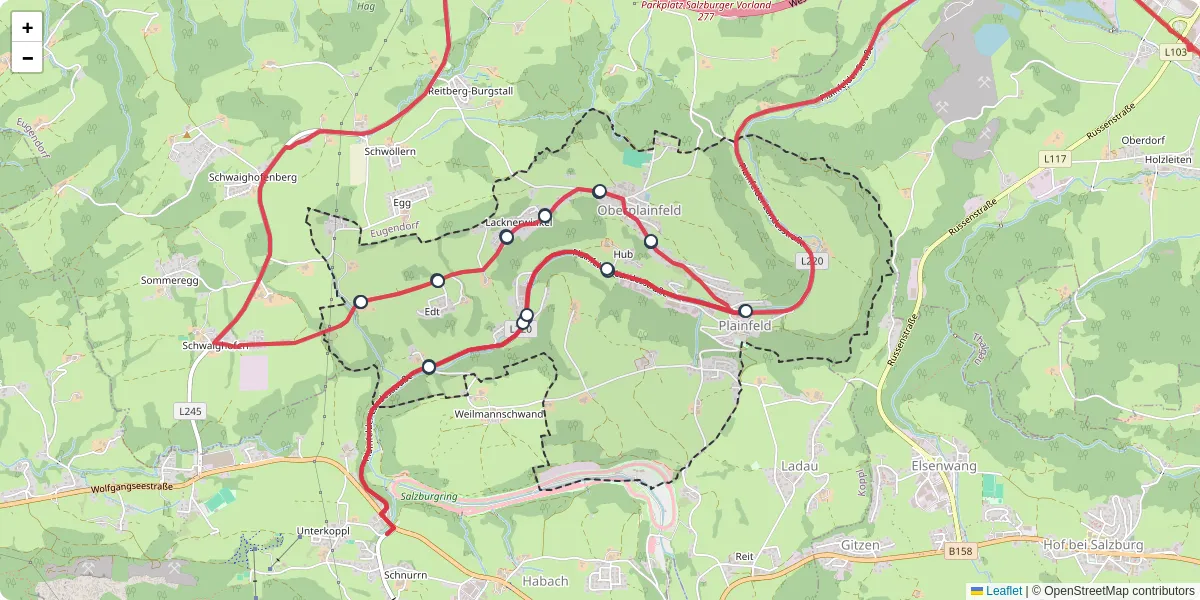 Nahverkehrsnetz in plainfeld, Österreich - Buslinien, Haltestellen und Verbindungen auf der Karte
