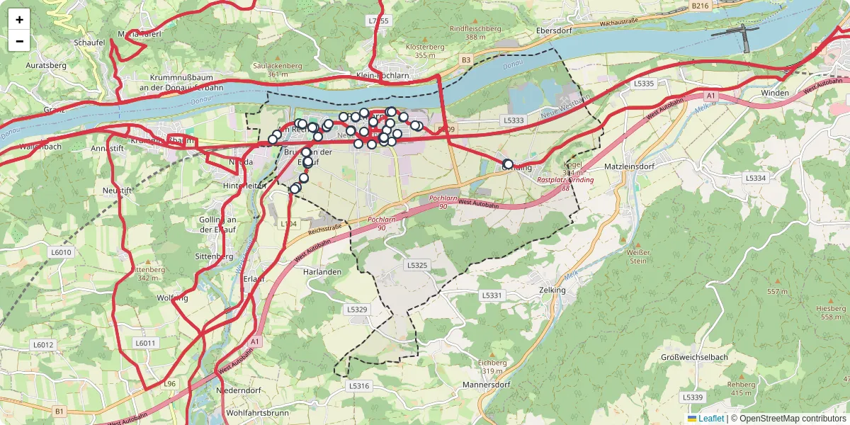 Nahverkehrsnetz in pochlarn, Österreich - Buslinien, Haltestellen und Verbindungen auf der Karte