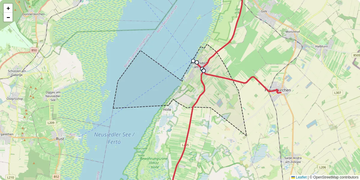 Nahverkehrsnetz in podersdorf-am-see, Österreich - Buslinien, Haltestellen und Verbindungen auf der Karte