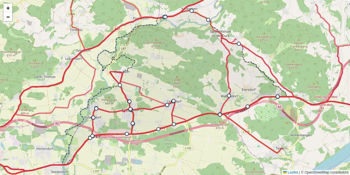 Nahverkehrsnetz in poggersdorf, Österreich - Buslinien, Haltestellen und Verbindungen auf der Karte