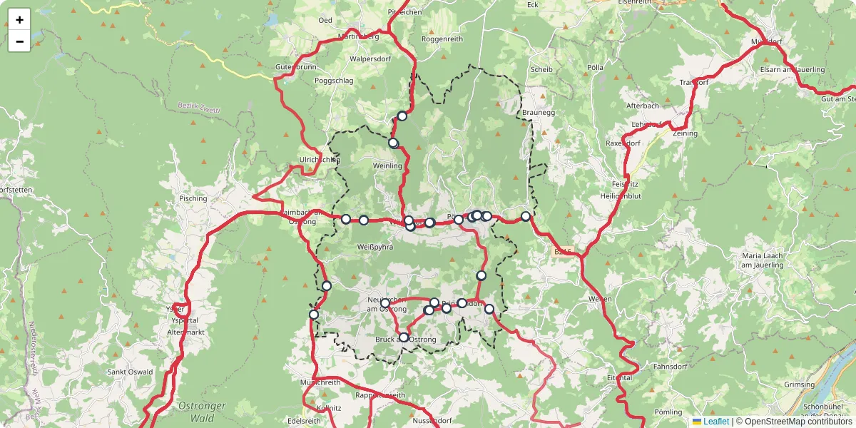 Nahverkehrsnetz in poggstall, Österreich - Buslinien, Haltestellen und Verbindungen auf der Karte