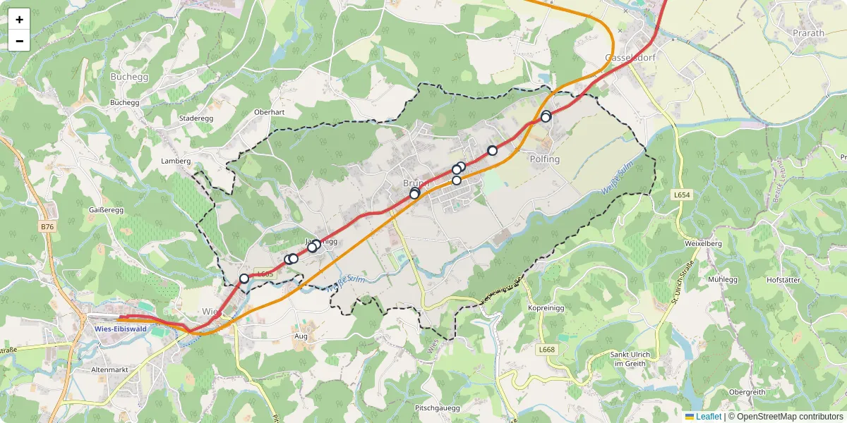 Nahverkehrsnetz in polfing-brunn, Österreich - Buslinien, Haltestellen und Verbindungen auf der Karte