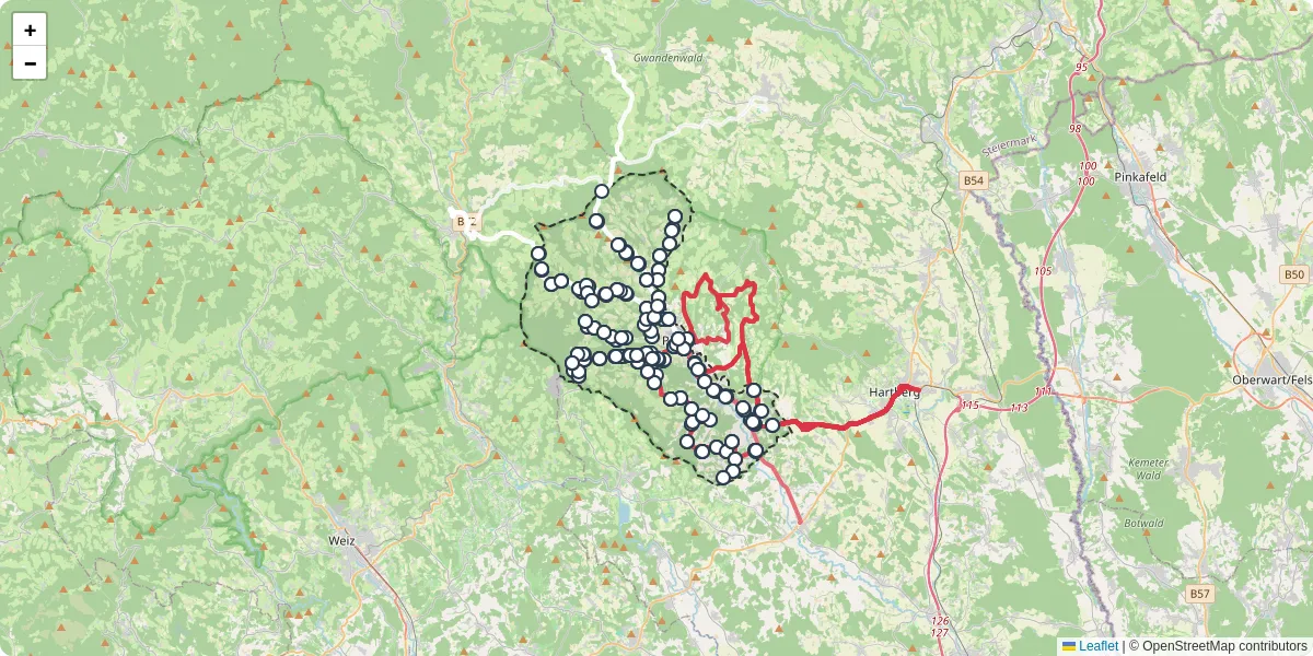 Nahverkehrsnetz in pollau, Österreich - Buslinien, Haltestellen und Verbindungen auf der Karte