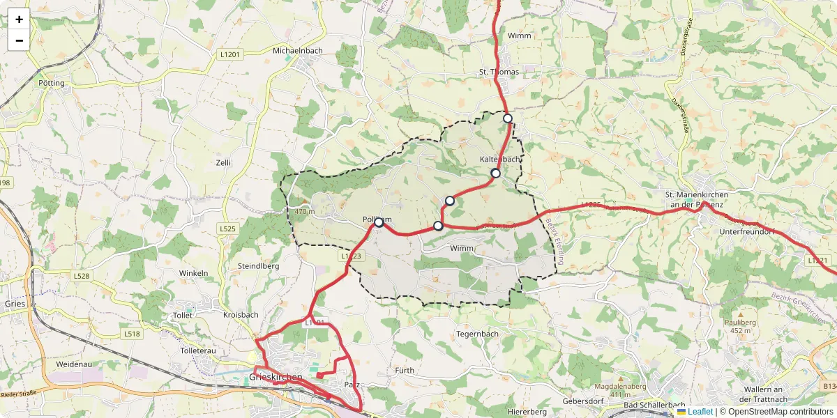Nahverkehrsnetz in pollham, Österreich - Buslinien, Haltestellen und Verbindungen auf der Karte