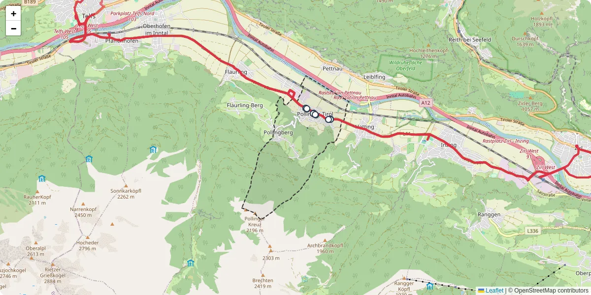 Nahverkehrsnetz in polling-in-tirol, Österreich - Buslinien, Haltestellen und Verbindungen auf der Karte