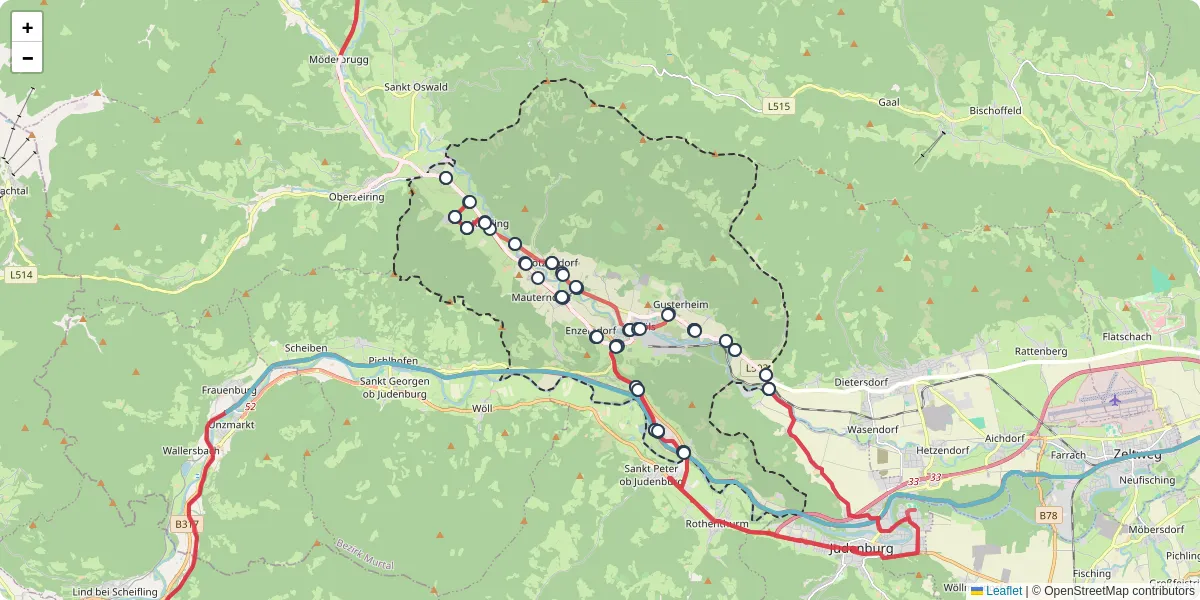 Nahverkehrsnetz in pols-oberkurzheim, Österreich - Buslinien, Haltestellen und Verbindungen auf der Karte