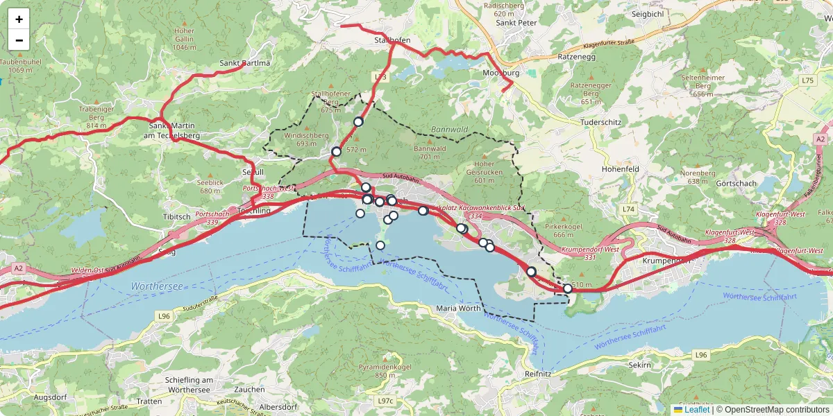 Nahverkehrsnetz in portschach-am-worther-see, Österreich - Buslinien, Haltestellen und Verbindungen auf der Karte