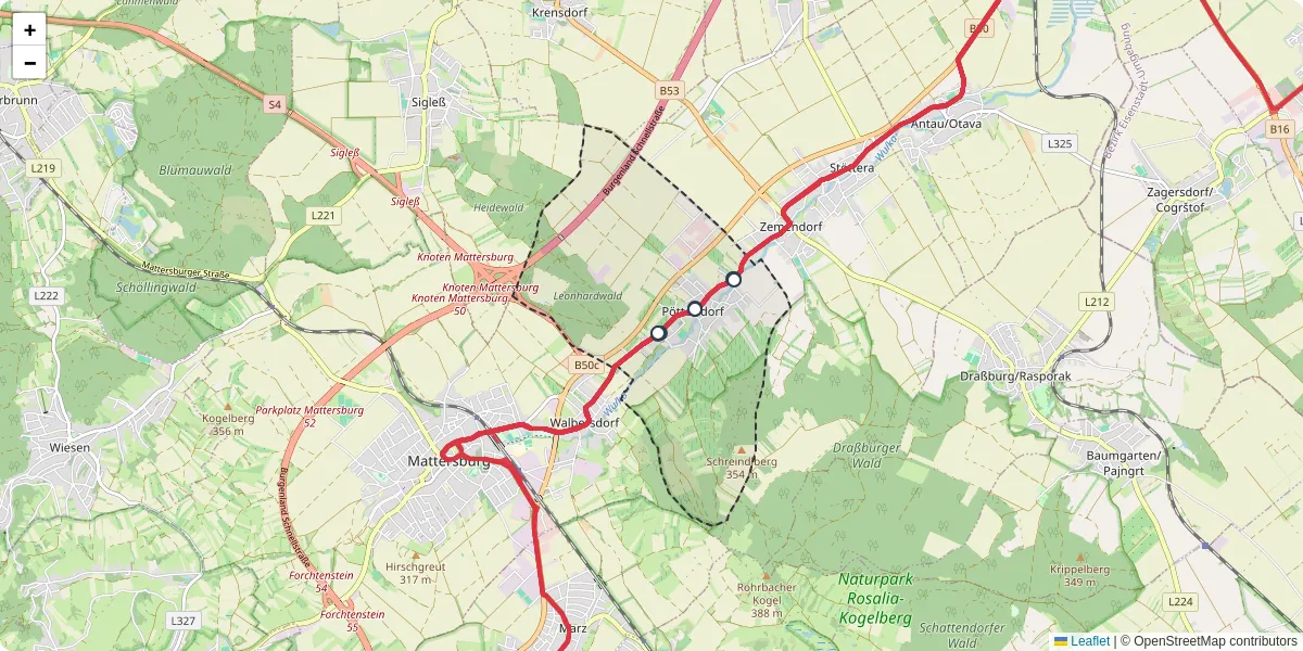 Nahverkehrsnetz in pottelsdorf, Österreich - Buslinien, Haltestellen und Verbindungen auf der Karte