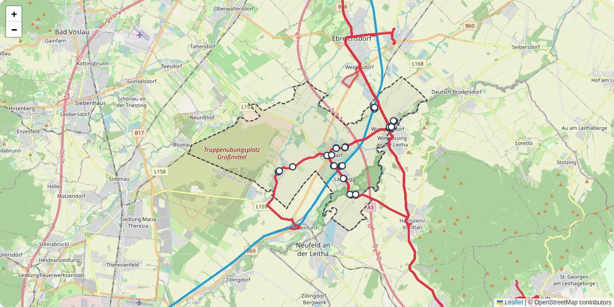 Nahverkehrsnetz in pottendorf, Österreich - Buslinien, Haltestellen und Verbindungen auf der Karte