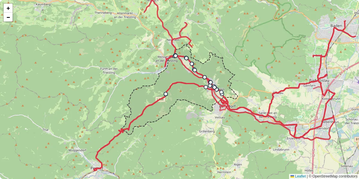 Nahverkehrsnetz in pottenstein, Österreich - Buslinien, Haltestellen und Verbindungen auf der Karte