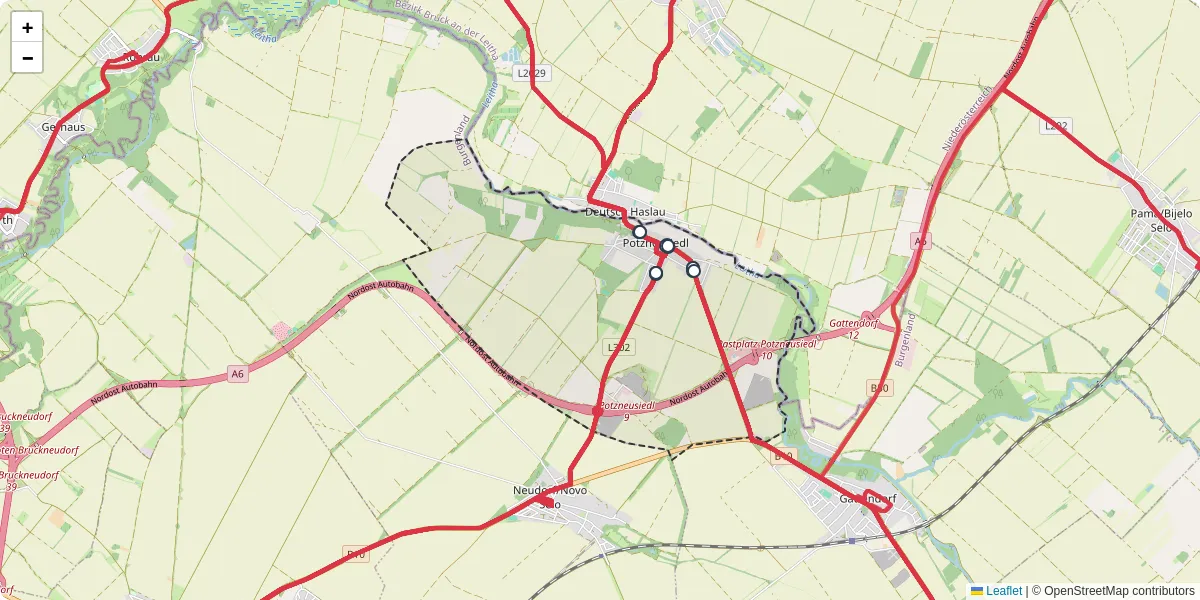 Nahverkehrsnetz in potzneusiedl, Österreich - Buslinien, Haltestellen und Verbindungen auf der Karte