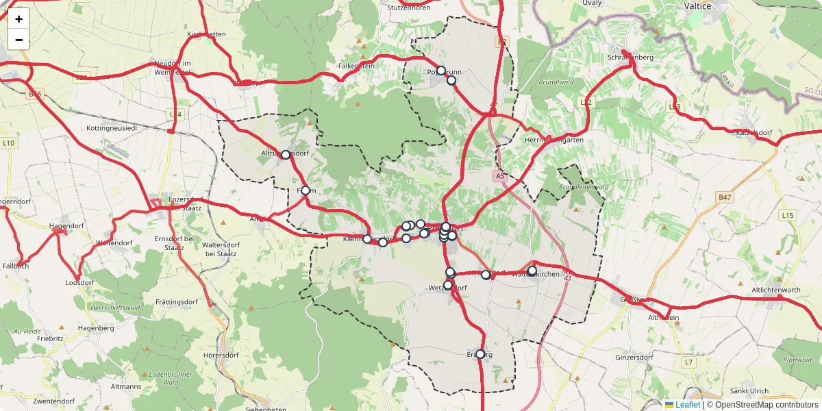Nahverkehrsnetz in poysdorf, Österreich - Buslinien, Haltestellen und Verbindungen auf der Karte
