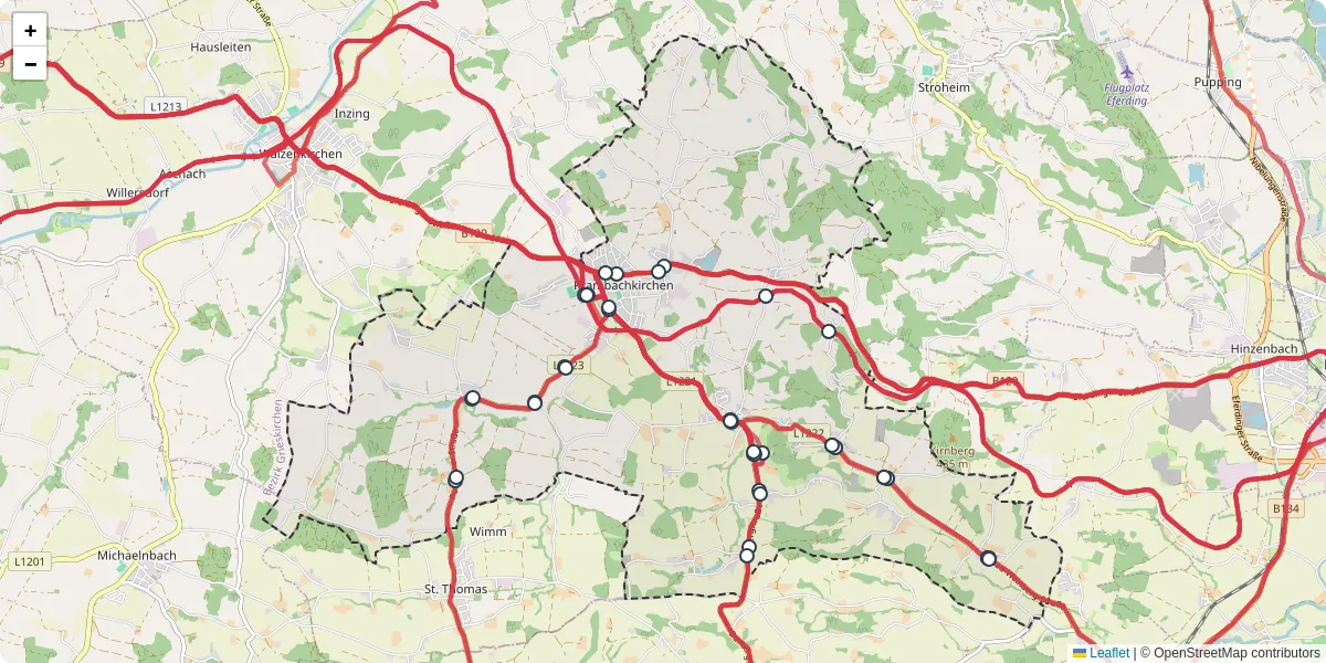 Nahverkehrsnetz in prambachkirchen, Österreich - Buslinien, Haltestellen und Verbindungen auf der Karte