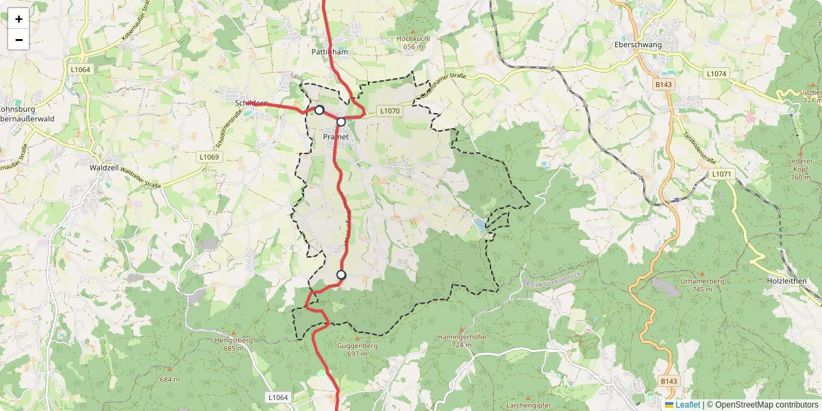 Nahverkehrsnetz in pramet, Österreich - Buslinien, Haltestellen und Verbindungen auf der Karte
