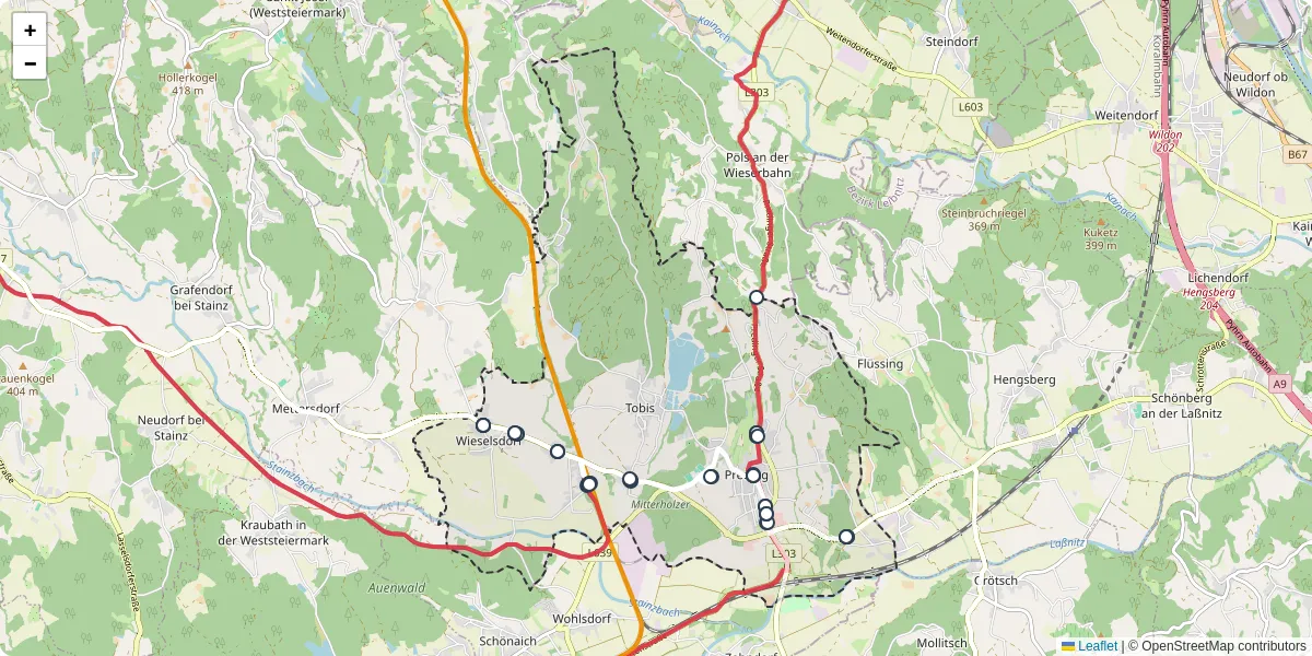 Nahverkehrsnetz in preding, Österreich - Buslinien, Haltestellen und Verbindungen auf der Karte