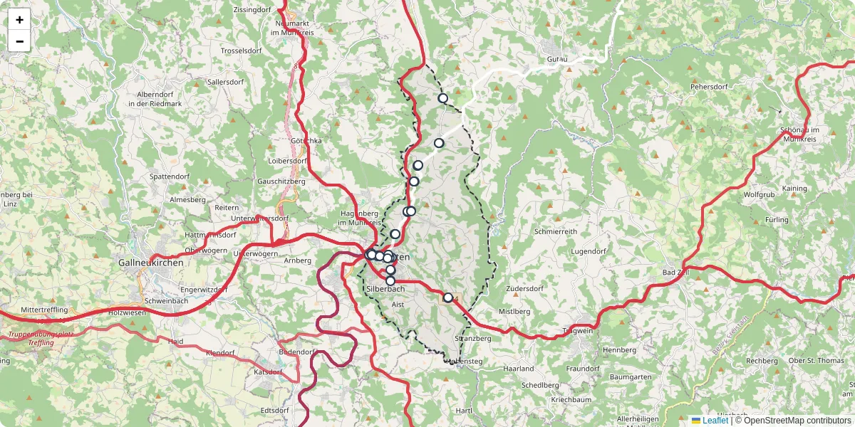 Nahverkehrsnetz in pregarten, Österreich - Buslinien, Haltestellen und Verbindungen auf der Karte