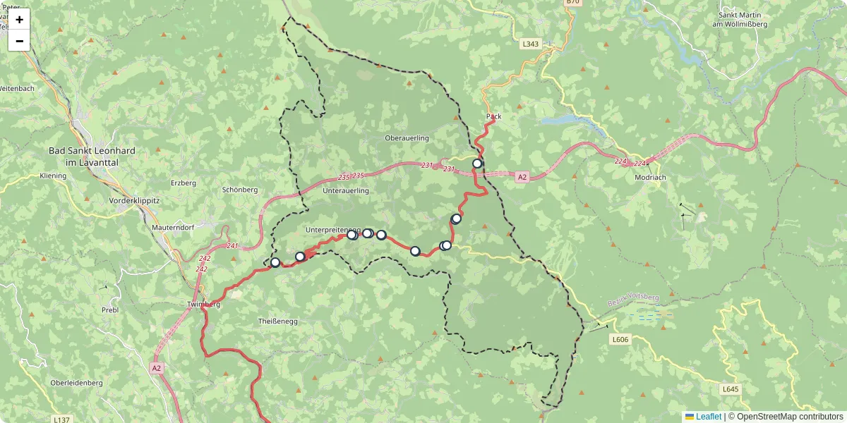 Nahverkehrsnetz in preitenegg, Österreich - Buslinien, Haltestellen und Verbindungen auf der Karte