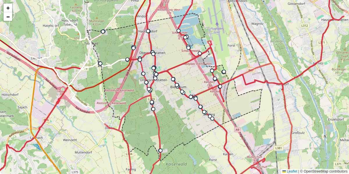 Nahverkehrsnetz in premstatten, Österreich - Buslinien, Haltestellen und Verbindungen auf der Karte