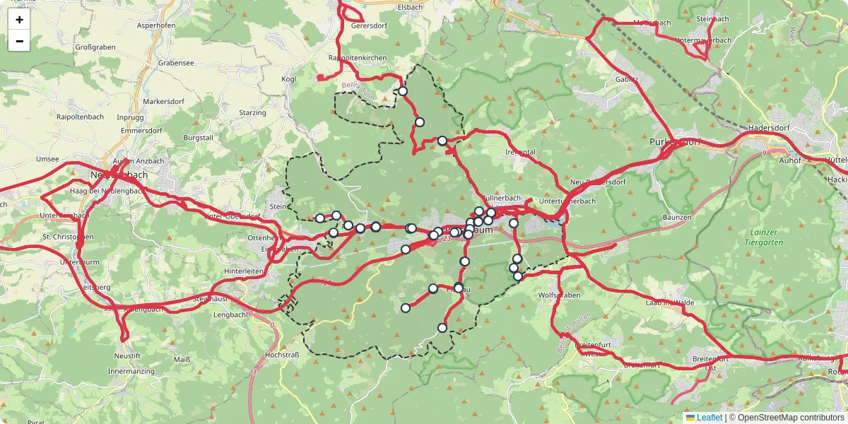 Nahverkehrsnetz in pressbaum, Österreich - Buslinien, Haltestellen und Verbindungen auf der Karte