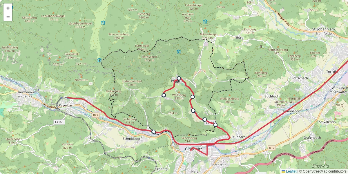 Nahverkehrsnetz in prigglitz, Österreich - Buslinien, Haltestellen und Verbindungen auf der Karte
