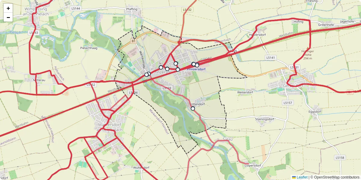 Nahverkehrsnetz in prinzersdorf, Österreich - Buslinien, Haltestellen und Verbindungen auf der Karte