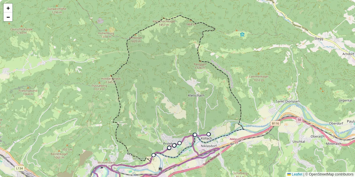 Nahverkehrsnetz in proleb, Österreich - Buslinien, Haltestellen und Verbindungen auf der Karte