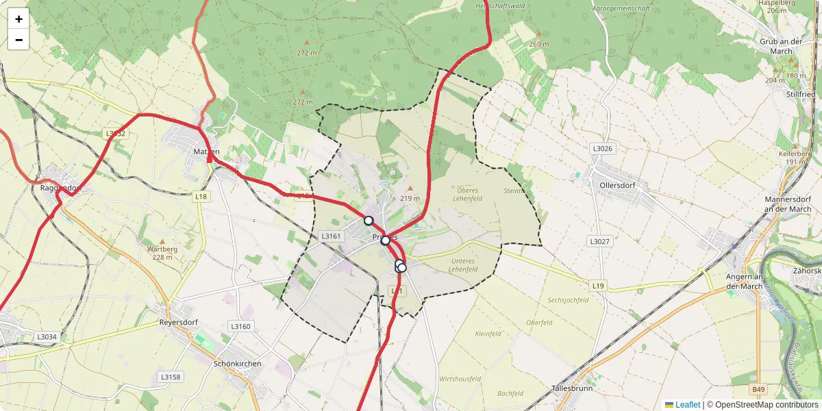 Nahverkehrsnetz in prottes, Österreich - Buslinien, Haltestellen und Verbindungen auf der Karte