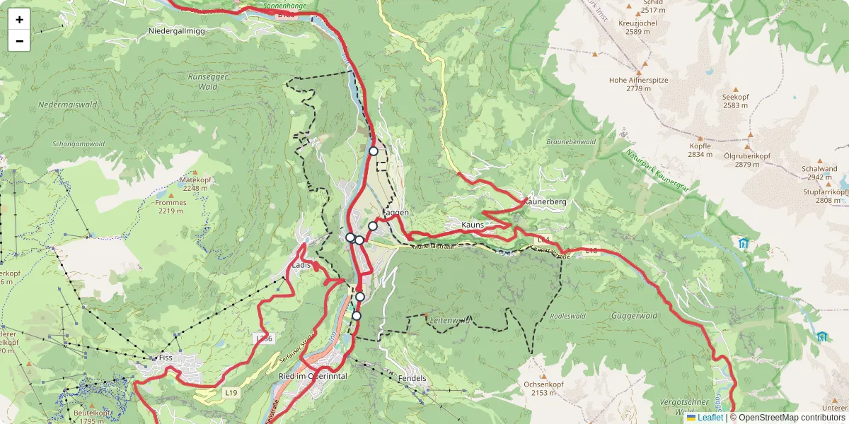 Nahverkehrsnetz in prutz, Österreich - Buslinien, Haltestellen und Verbindungen auf der Karte