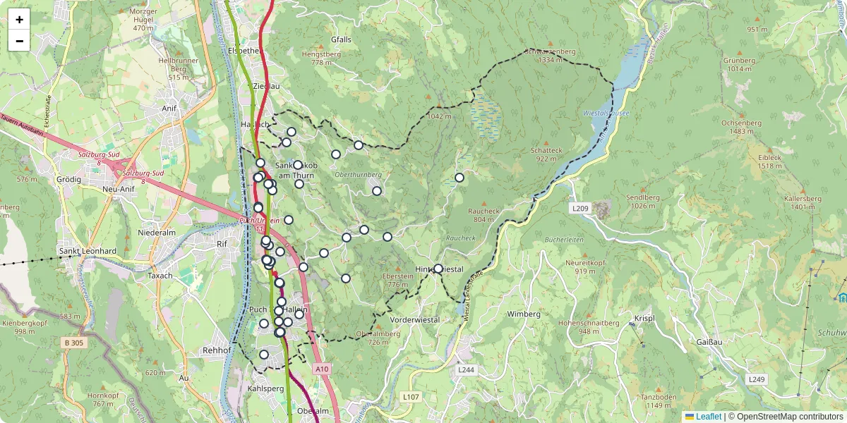 Nahverkehrsnetz in puch-bei-hallein, Österreich - Buslinien, Haltestellen und Verbindungen auf der Karte