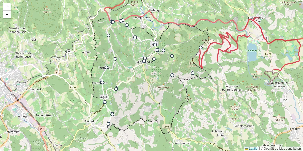 Nahverkehrsnetz in puch-bei-weiz, Österreich - Buslinien, Haltestellen und Verbindungen auf der Karte
