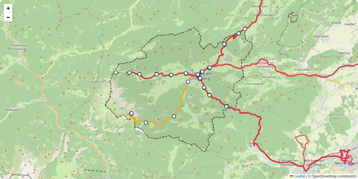 Nahverkehrsnetz in puchberg-am-schneeberg, Österreich - Buslinien, Haltestellen und Verbindungen auf der Karte