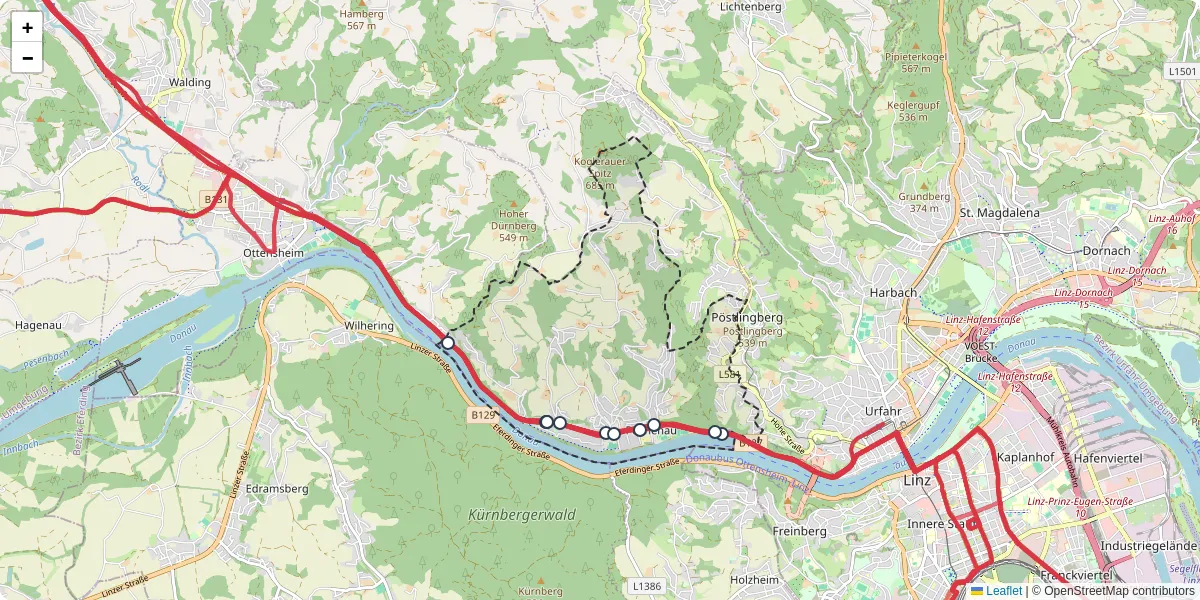 Nahverkehrsnetz in puchenau, Österreich - Buslinien, Haltestellen und Verbindungen auf der Karte