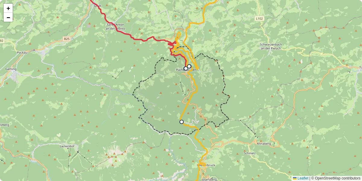Nahverkehrsnetz in puchenstuben, Österreich - Buslinien, Haltestellen und Verbindungen auf der Karte